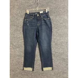 Time And Tru Womens High Rise Jeans Size 4 Blue Dark Wash Step Hem Distressed